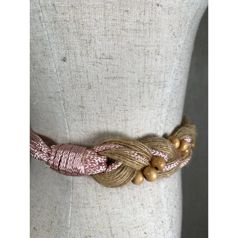Vintage Statement Braided Beaded‎ Belt Womens Tan Pink Tie Waist 80s 90s Boho